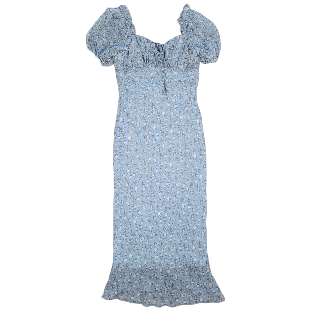 Milkmaid Sweetheart Midi Dress Size 1/2 Blue Ditsy Floral‎ Coquette Puff Sleeve